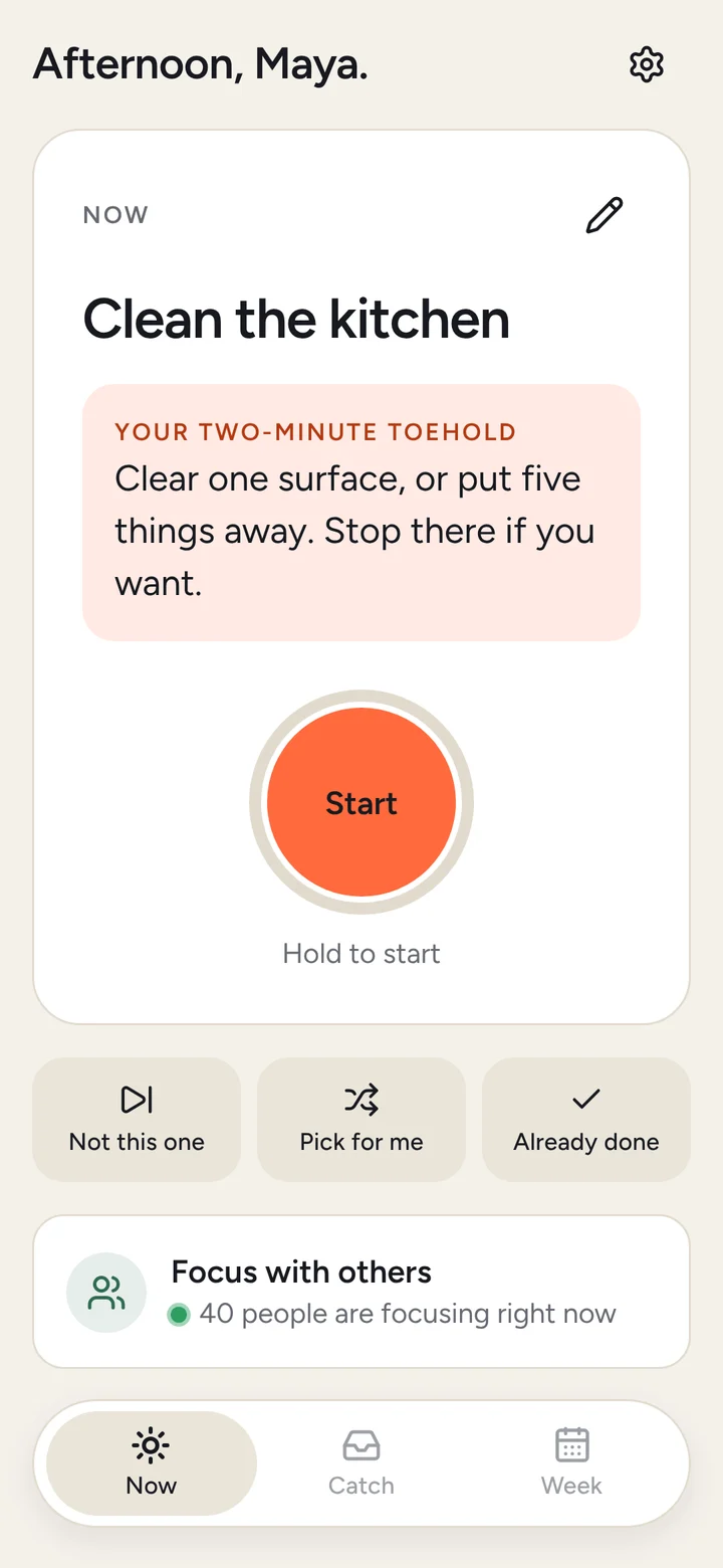 Toehold's Now screen: one task, its two-minute first step, and a hold-to-start button