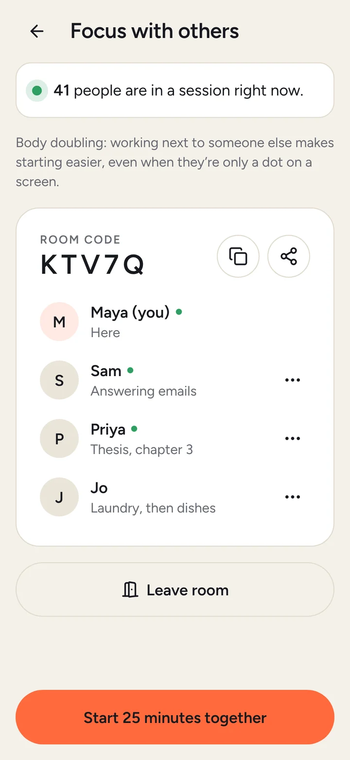 A focus room with three friends and what each is working on